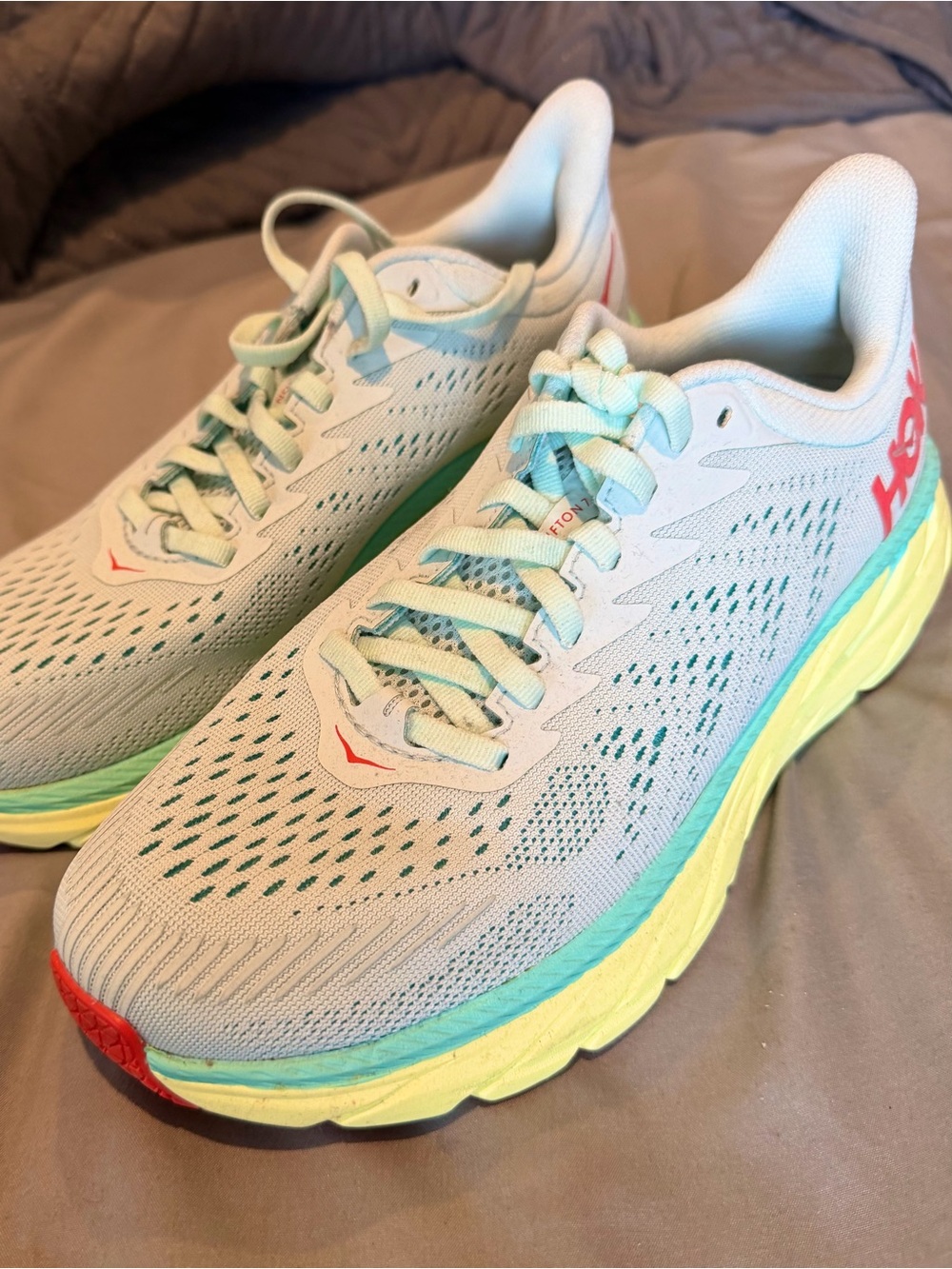 Hoka Women's Mint Green and Yellow Cushioned Running Sneakers